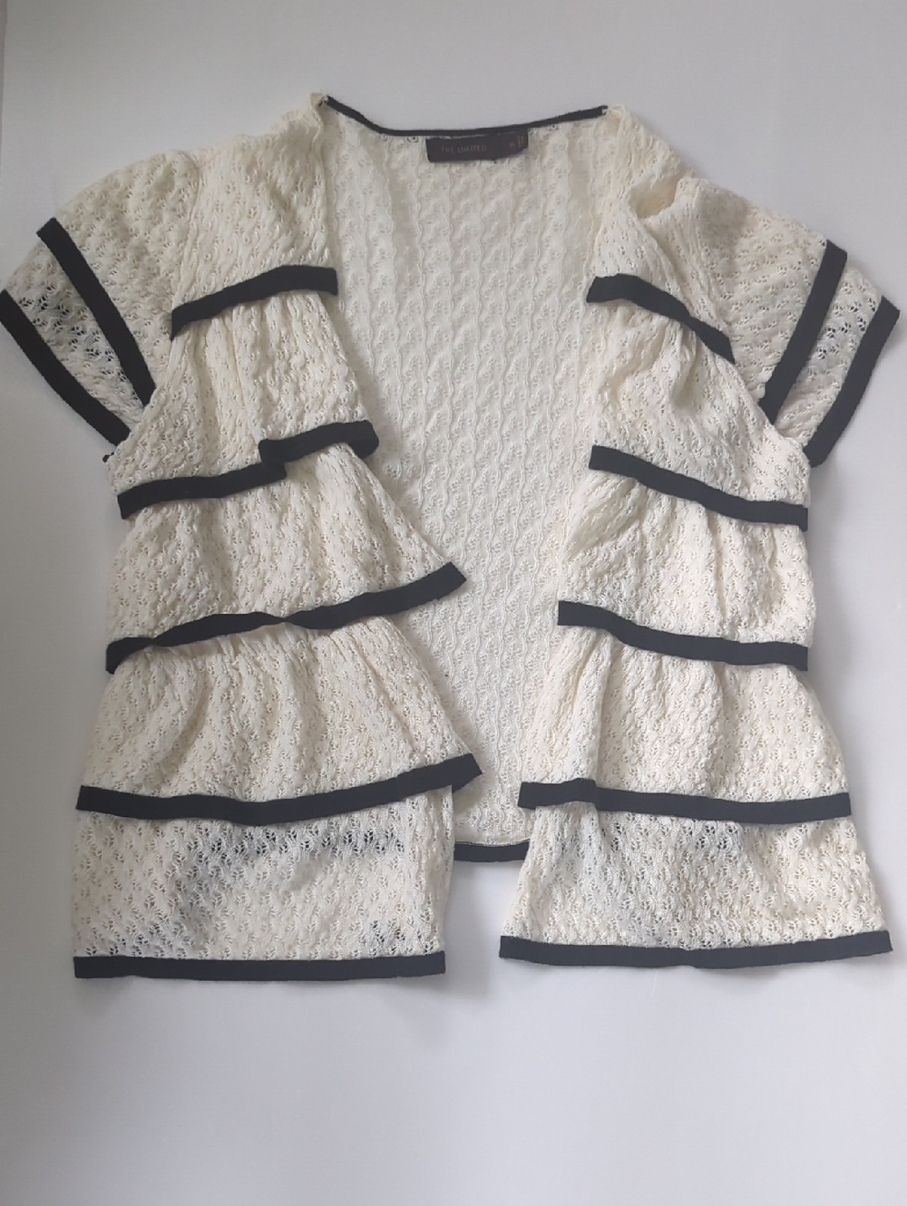 Cream Knit Ruffle Jacket with Black Trim